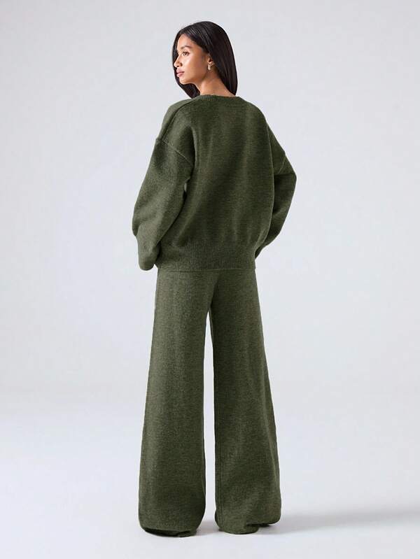 Conjunto Tricot Decote V Oversized Wide Leg Casual