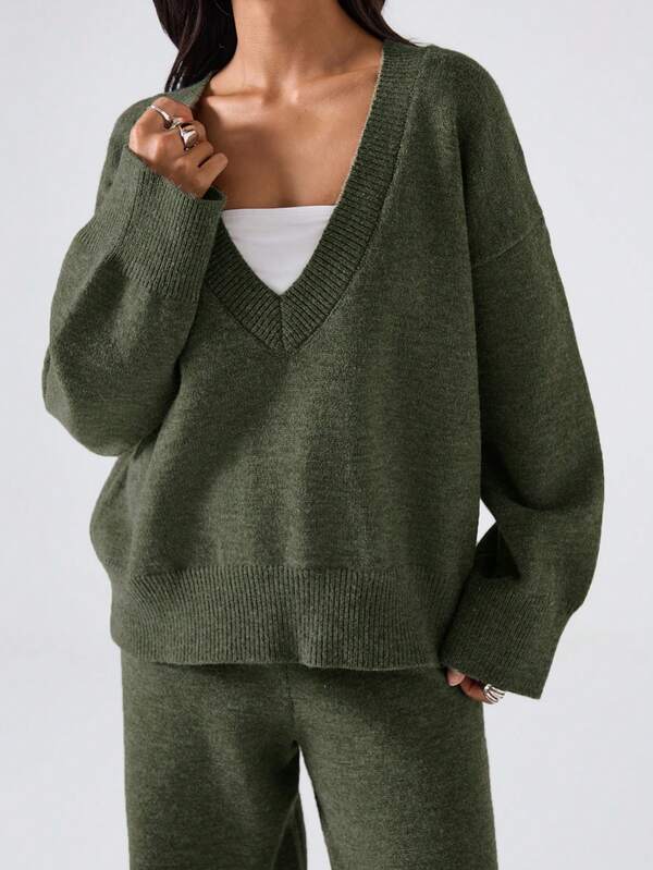 Conjunto Tricot Decote V Oversized Wide Leg Casual
