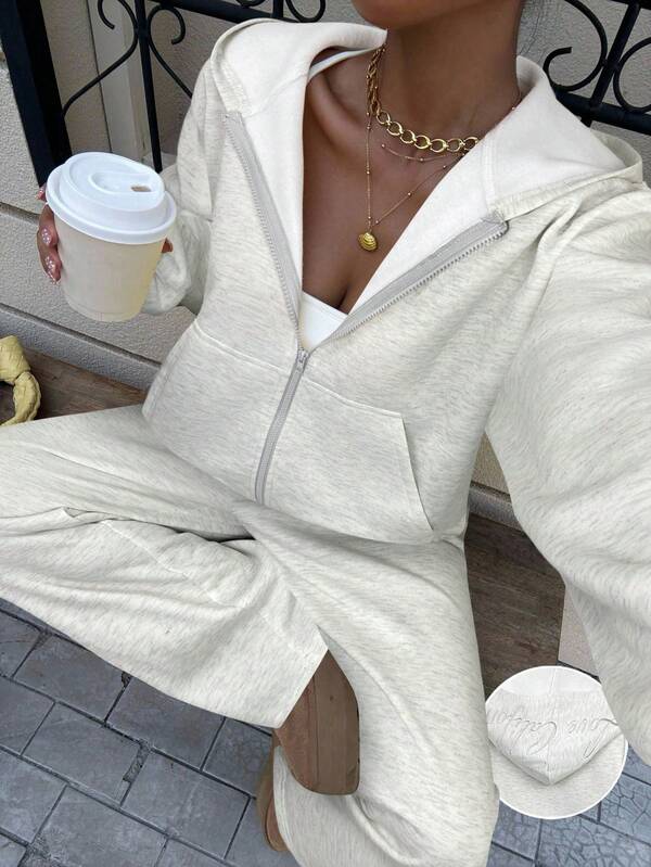Conjunto Moletom Felpudo Com Zíper Wide Leg Casual