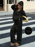 Conjunto Moletom Felpudo Com Zíper Wide Leg Casual
