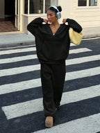 Conjunto Moletom Felpudo Com Zíper Wide Leg Casual