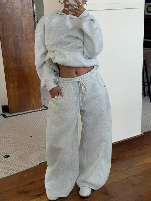 Conjunto Moletom Oversized Com Capuz Wide Leg Felpudo