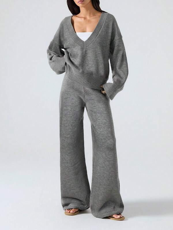 Conjunto Tricot Decote V Oversized Wide Leg Casual
