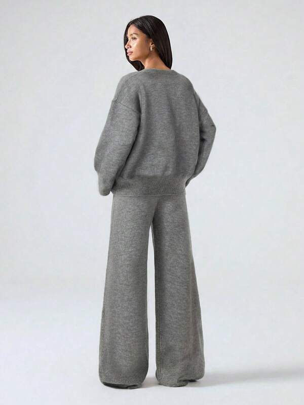 Conjunto Tricot Decote V Oversized Wide Leg Casual
