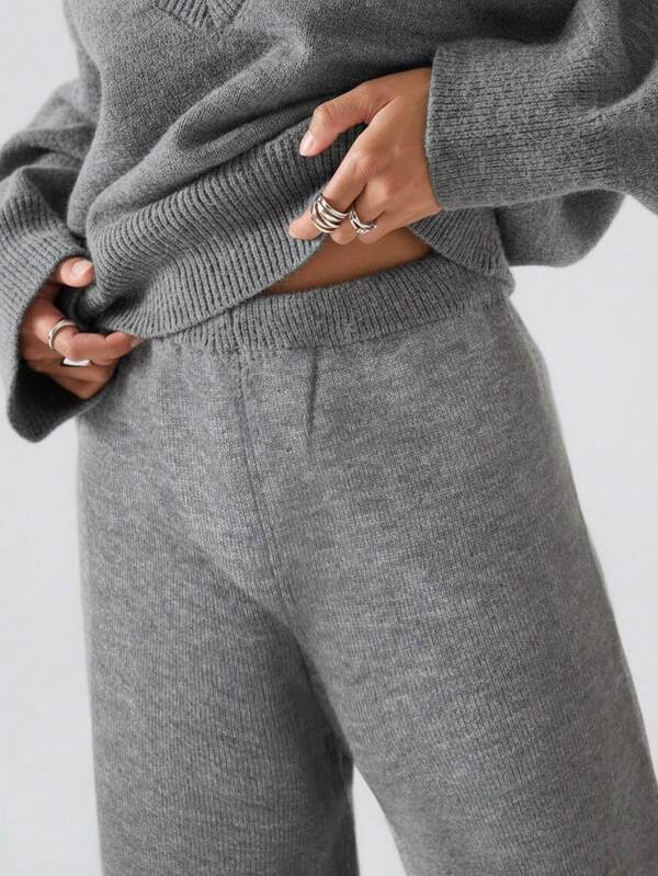 Conjunto Tricot Decote V Oversized Wide Leg Casual