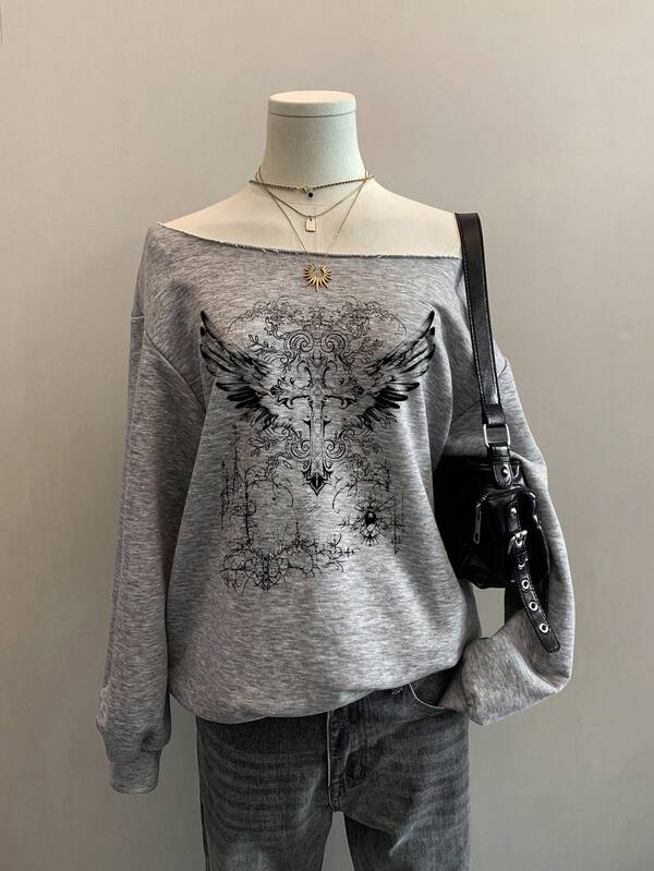 Moletom Ombro Caído Angel Wings Gothic Streetwear