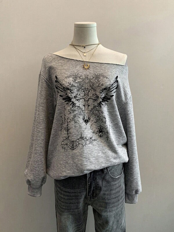 Moletom Ombro Caído Angel Wings Gothic Streetwear