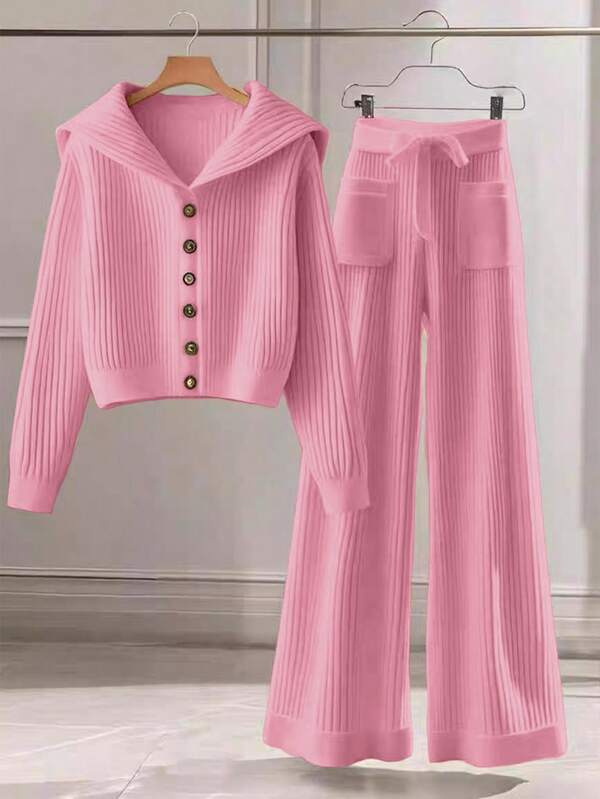 Conjunto Tricô Canelado Com Cardigan E Calça Wide Leg