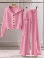 Conjunto Tricô Canelado Com Cardigan E Calça Wide Leg