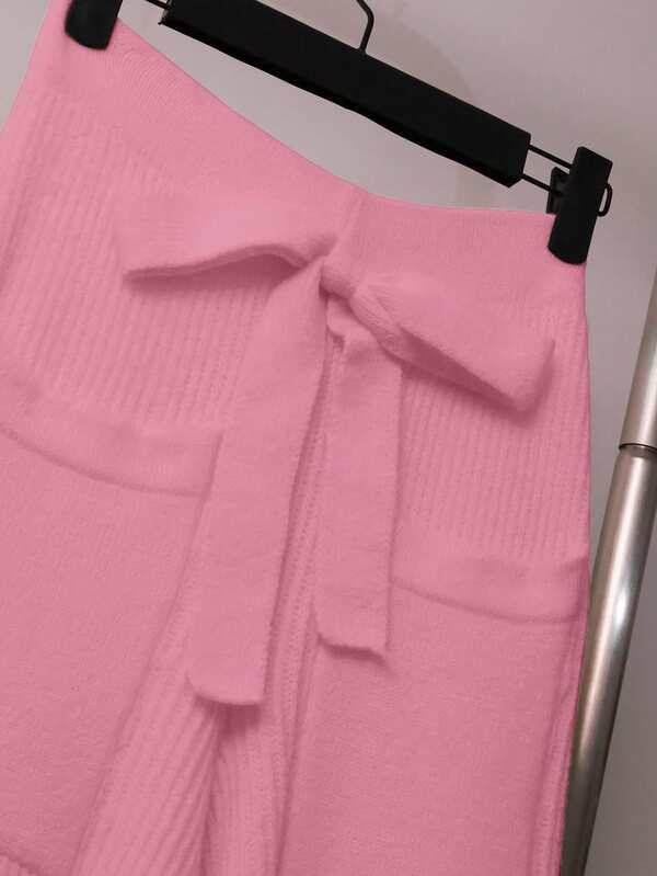 Conjunto Tricô Canelado Com Cardigan E Calça Wide Leg