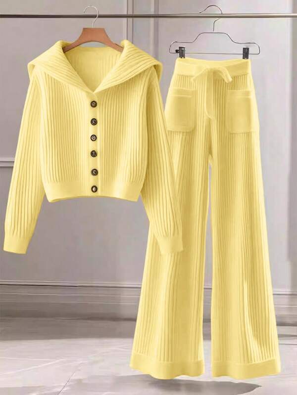 Conjunto Tricô Canelado Com Cardigan E Calça Wide Leg