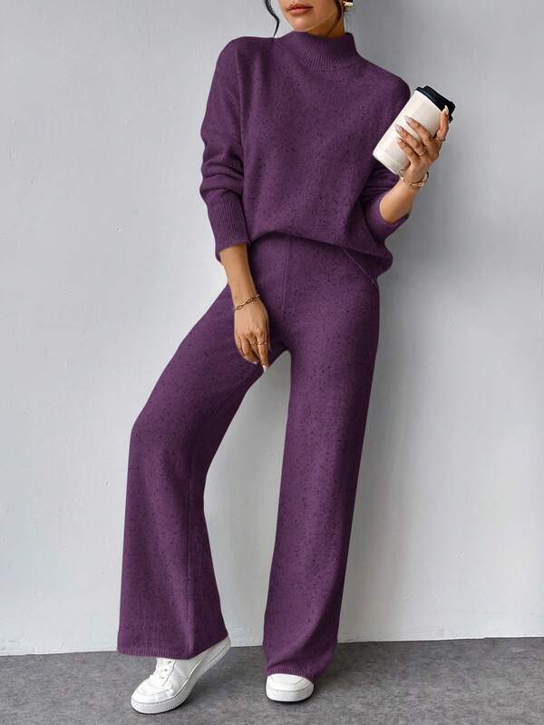 Conjunto Tricot Gola Alta Oversized Wide Leg Casual