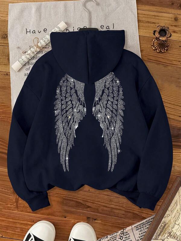 Moletom Com Capuz Angel Wings Rhinestone Streetwear