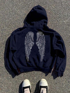 Moletom Com Capuz Angel Wings Rhinestone Streetwear
