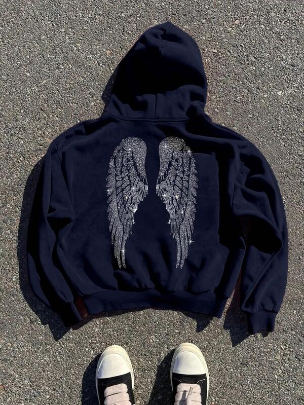 Moletom Com Capuz Angel Wings Rhinestone Streetwear