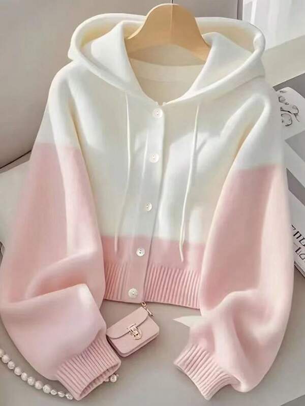 Moletom Tricot Com Botões E Capuz Bicolor