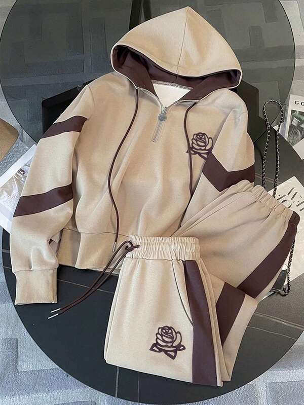 Conjunto Moletom Com Capuz Half Zip E Bordado Floral