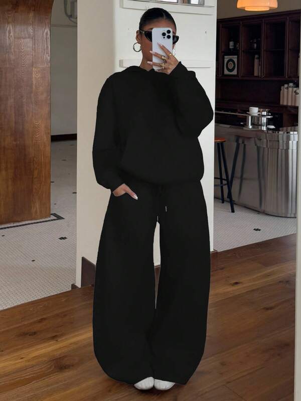 Conjunto Moletom Oversized Com Capuz Wide Leg Felpudo