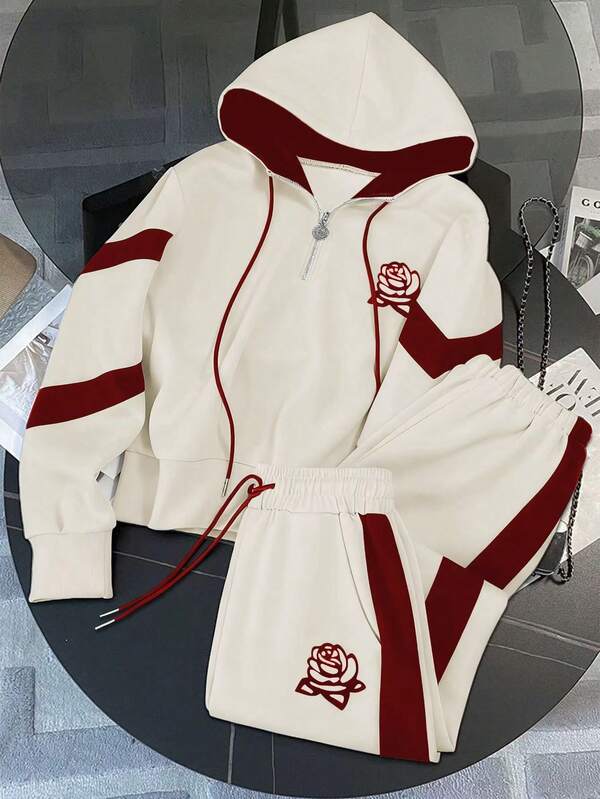Conjunto Moletom Com Capuz Half Zip E Bordado Floral