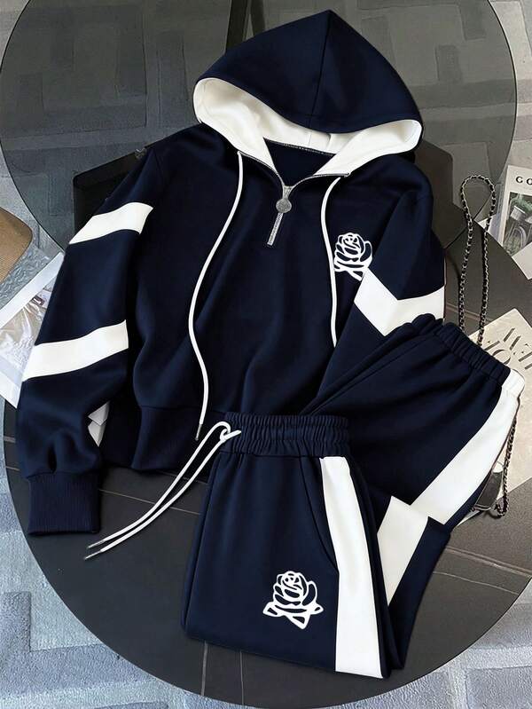 Conjunto Moletom Com Capuz Half Zip E Bordado Floral