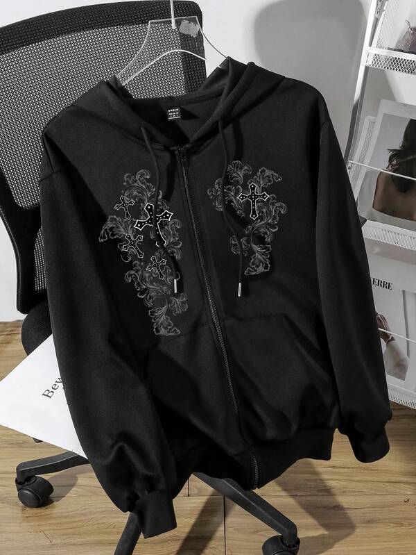 Moletom Com Zíper Gothic Cross Streetwear