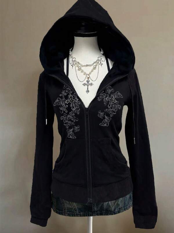Moletom Com Zíper Gothic Cross Streetwear