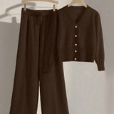 Conjunto Tricô Com Cardigan Cropped E Calça Pantalona