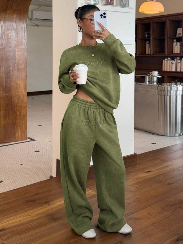 Conjunto Moletom Estonado Oversized Wide Leg Casual