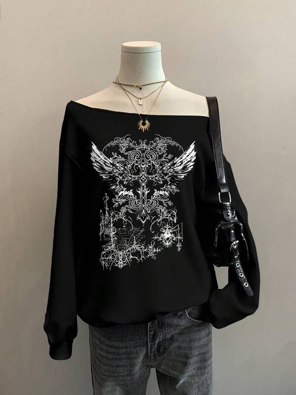 Moletom Ombro Caído Angel Wings Gothic Streetwear