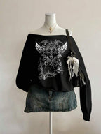 Moletom Ombro Caído Angel Wings Gothic Streetwear
