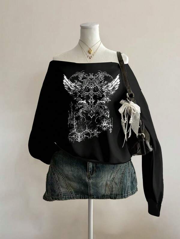Moletom Ombro Caído Angel Wings Gothic Streetwear