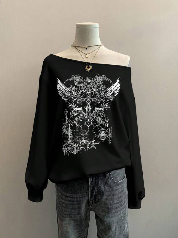 Moletom Ombro Caído Angel Wings Gothic Streetwear