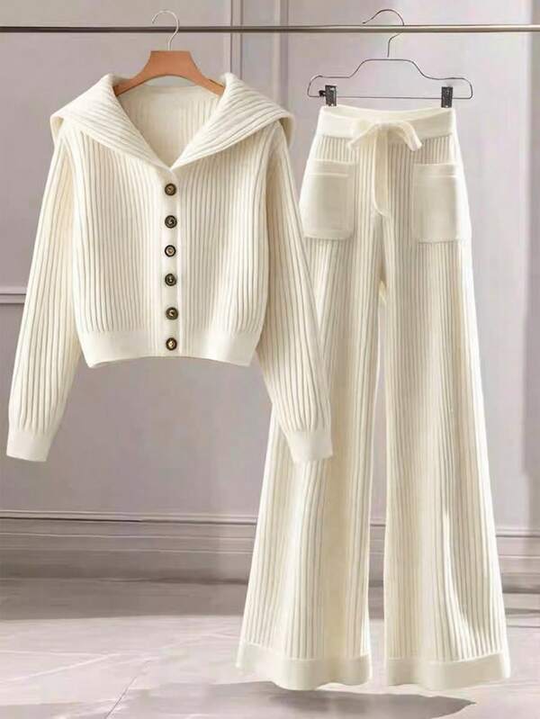 Conjunto Tricô Canelado Com Cardigan E Calça Wide Leg