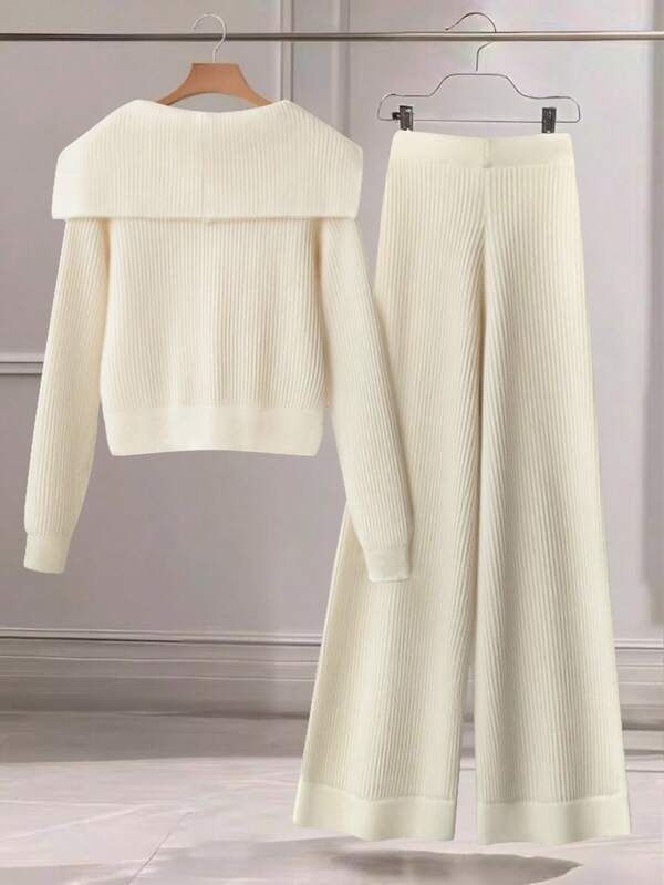 Conjunto Tricô Canelado Com Cardigan E Calça Wide Leg