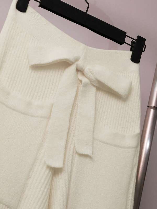 Conjunto Tricô Canelado Com Cardigan E Calça Wide Leg