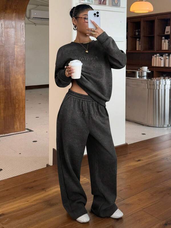 Conjunto Moletom Estonado Oversized Wide Leg Casual