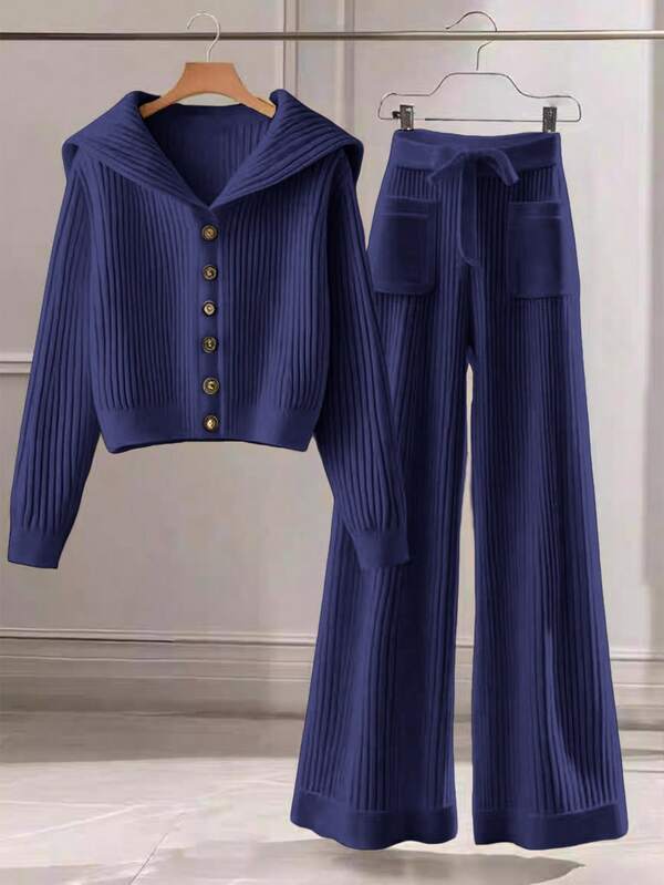 Conjunto Tricô Canelado Com Cardigan E Calça Wide Leg