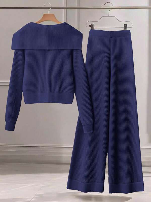 Conjunto Tricô Canelado Com Cardigan E Calça Wide Leg