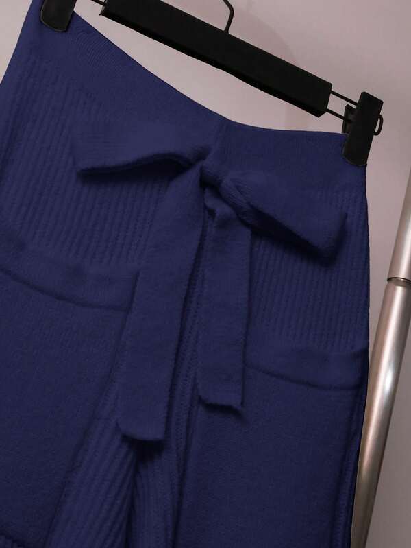 Conjunto Tricô Canelado Com Cardigan E Calça Wide Leg