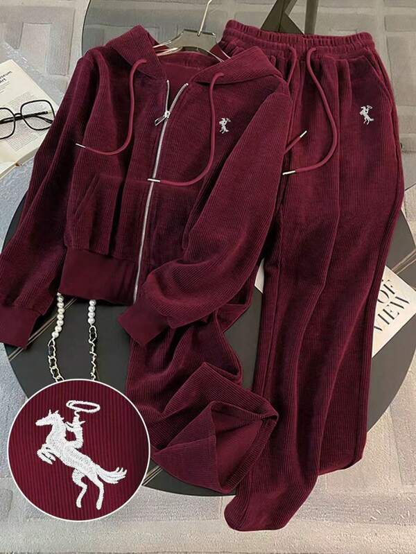 Conjunto Veludo Cotelê Com Capuz E Zíper Casual