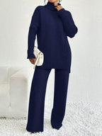Conjunto Tricot Gola Alta Cable Knit Wide Leg Elegante