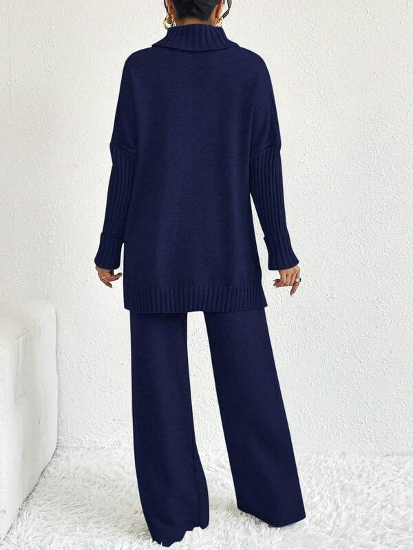 Conjunto Tricot Gola Alta Cable Knit Wide Leg Elegante
