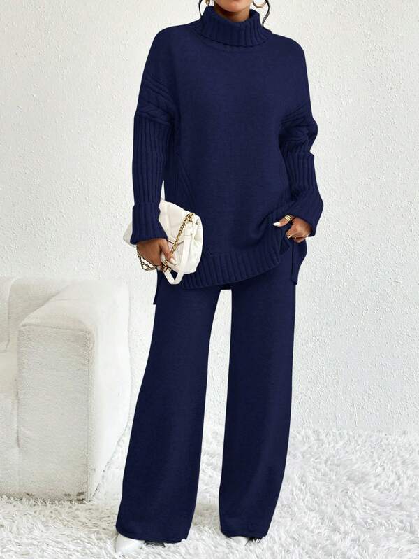Conjunto Tricot Gola Alta Cable Knit Wide Leg Elegante