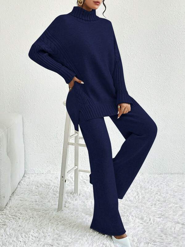 Conjunto Tricot Gola Alta Cable Knit Wide Leg Elegante