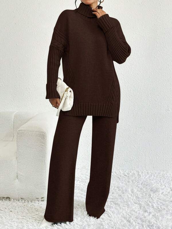 Conjunto Tricot Gola Alta Cable Knit Wide Leg Elegante