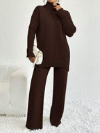 Conjunto Tricot Gola Alta Cable Knit Wide Leg Elegante