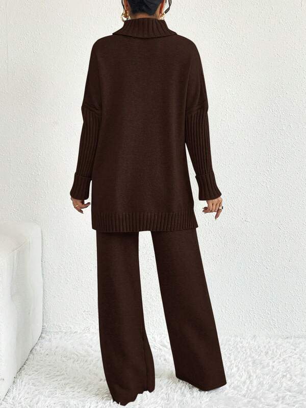 Conjunto Tricot Gola Alta Cable Knit Wide Leg Elegante