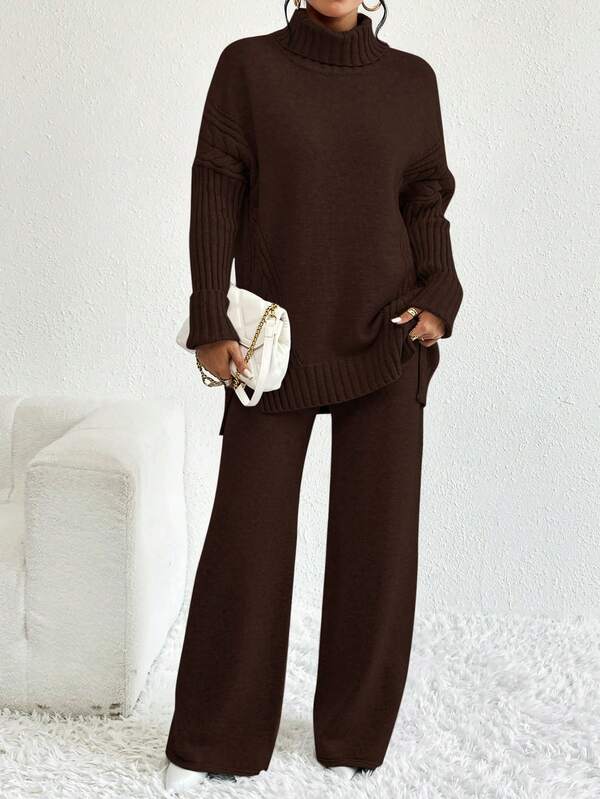 Conjunto Tricot Gola Alta Cable Knit Wide Leg Elegante