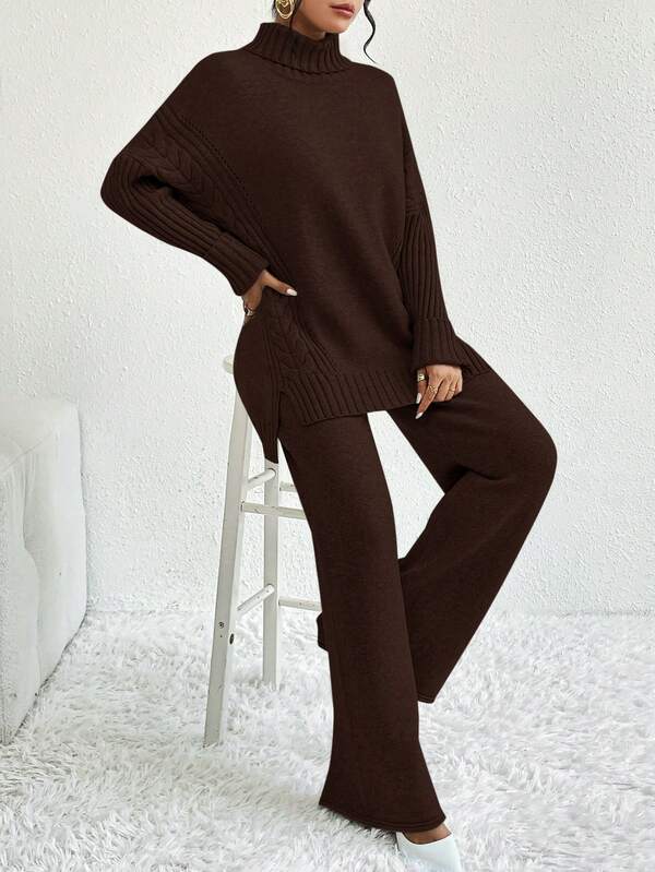 Conjunto Tricot Gola Alta Cable Knit Wide Leg Elegante