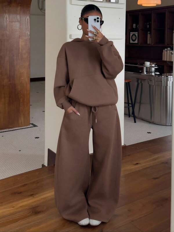 Conjunto Moletom Oversized Com Capuz Wide Leg Felpudo